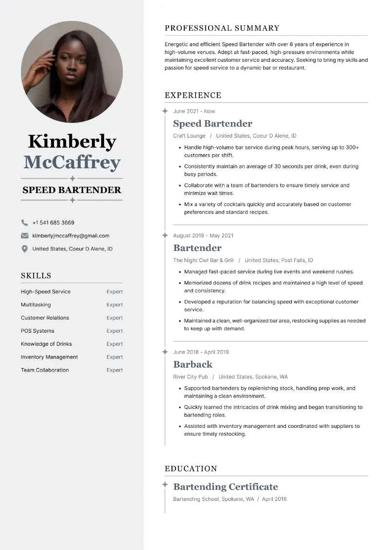 Speed Bartender Resume