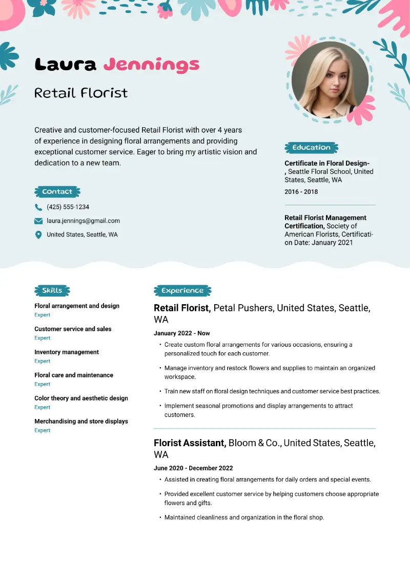 Florist Resume Examples and Guide for 2024