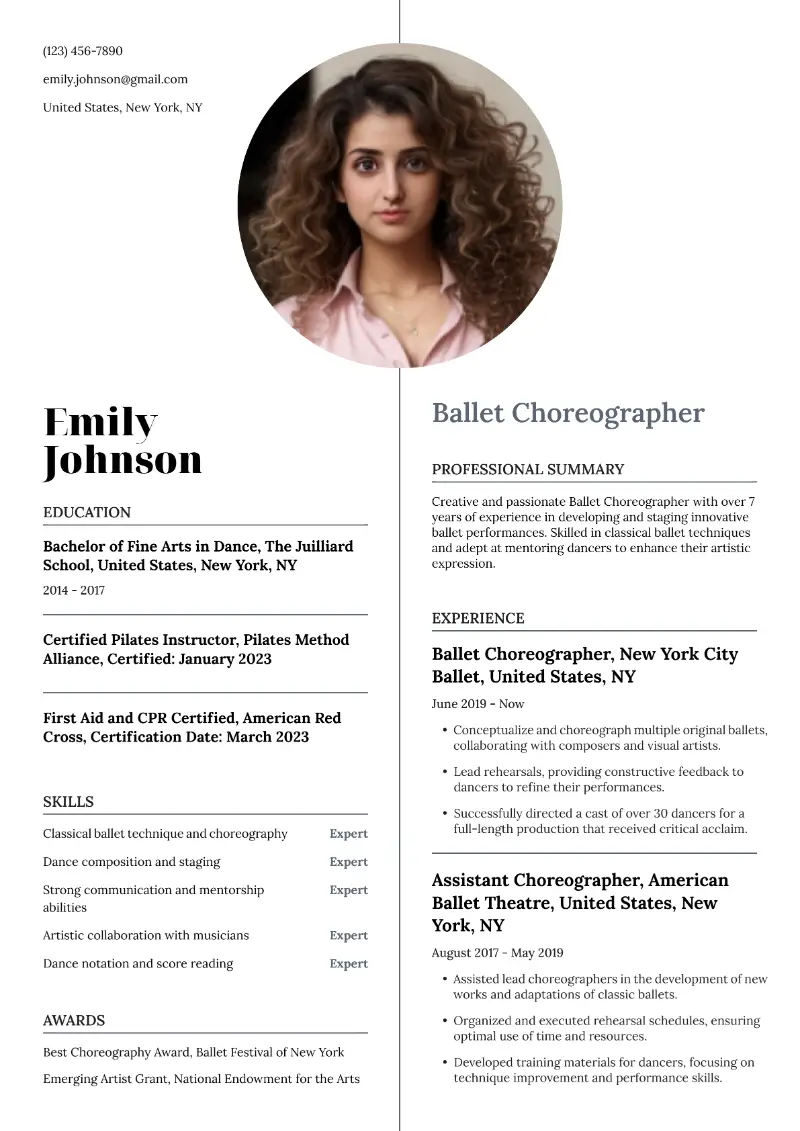 Choreographer Resume Examples & Templates