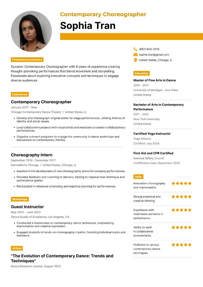 Contemporary Choreographer Resume Contemporary Choreographer Resume