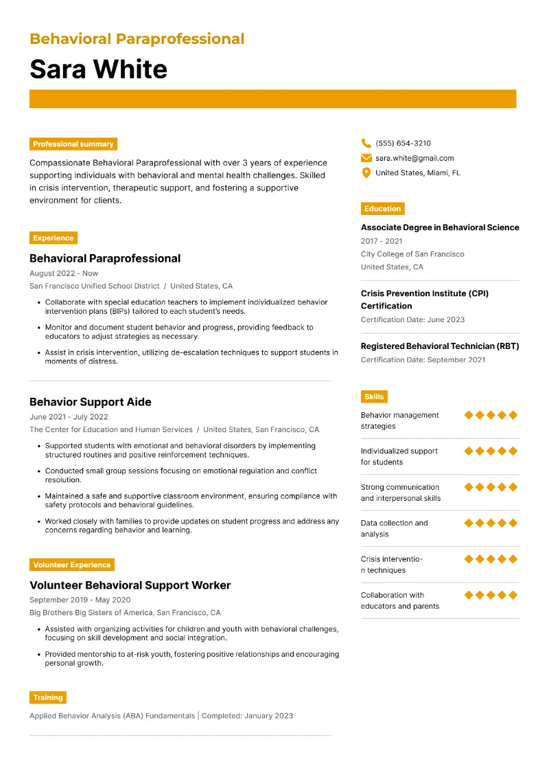 Behavioral Paraprofessional Resume