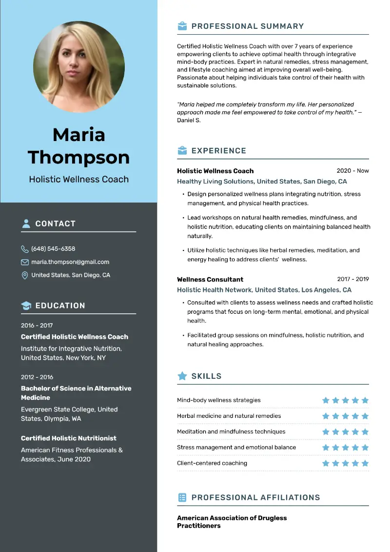 Health Wellness Coach Resume Examples for 2024