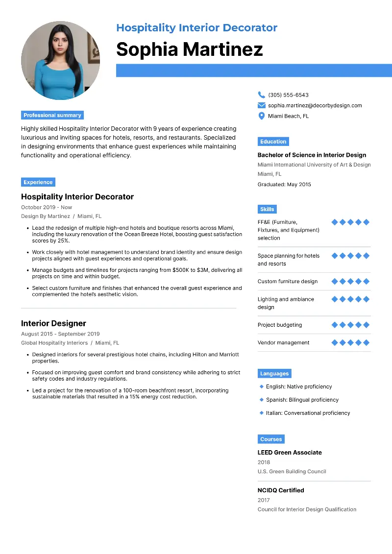 Hospitality Interior Decorator Resume