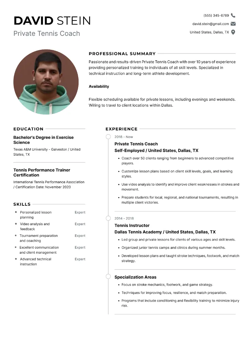 Private Tennis Coach Resume