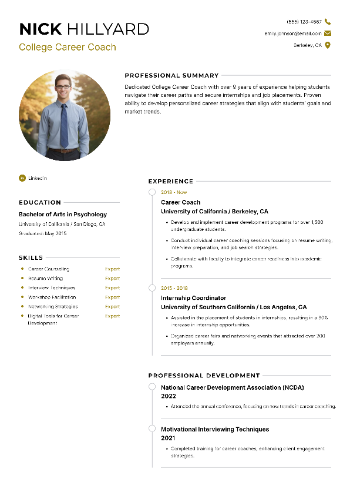 College Career Coach Resume Example