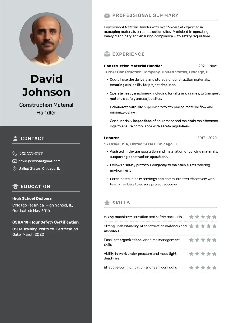 Construction Material Handler Resume Construction Material Handler Resume