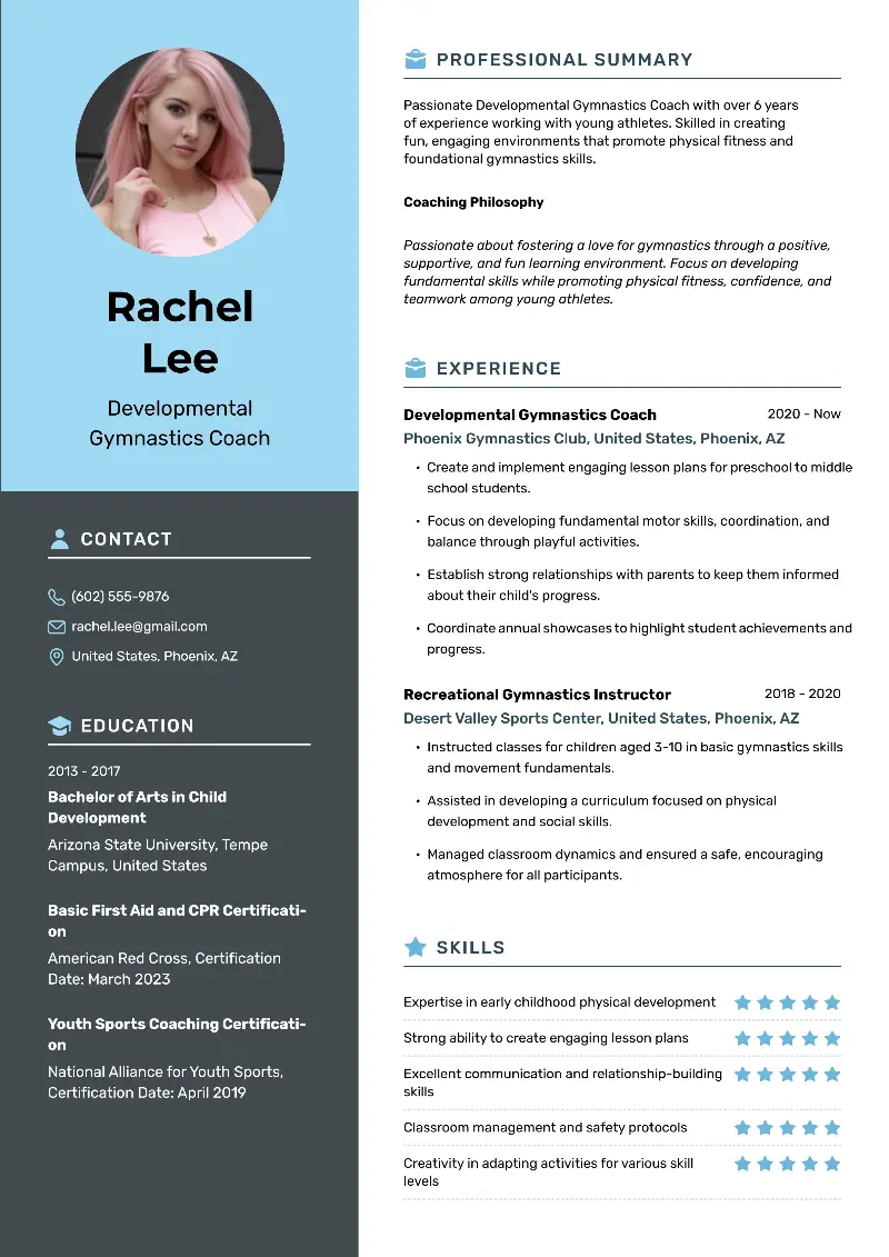 Developmental Gymnastics Coach  Resume