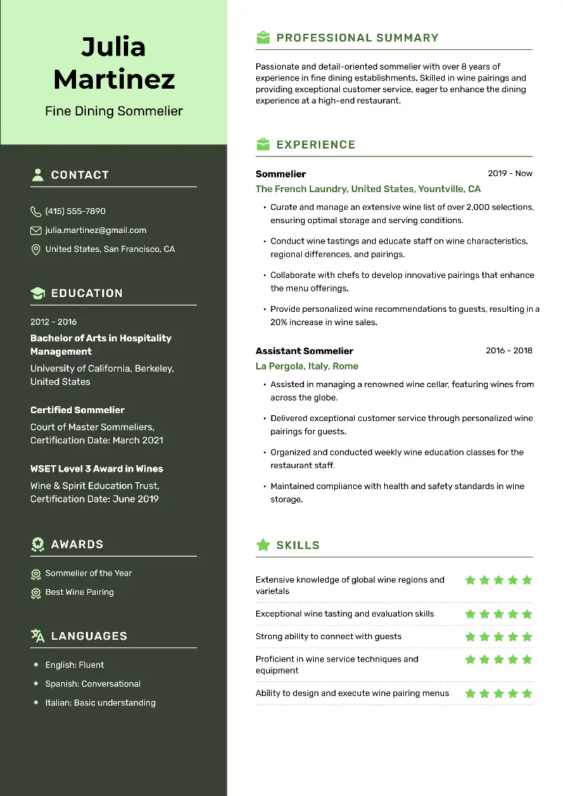 Sommelier Resume Examples & Templates for 2024