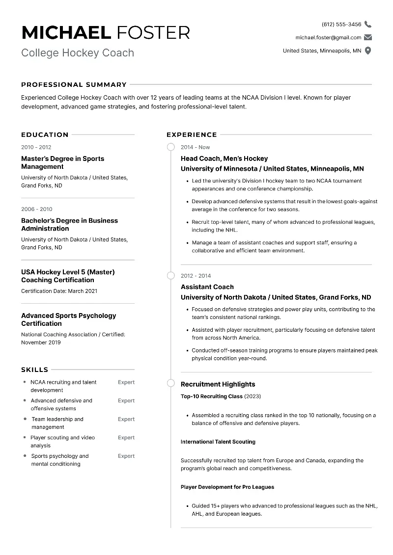 Professional Hockey Coach Resume Examples for 2024