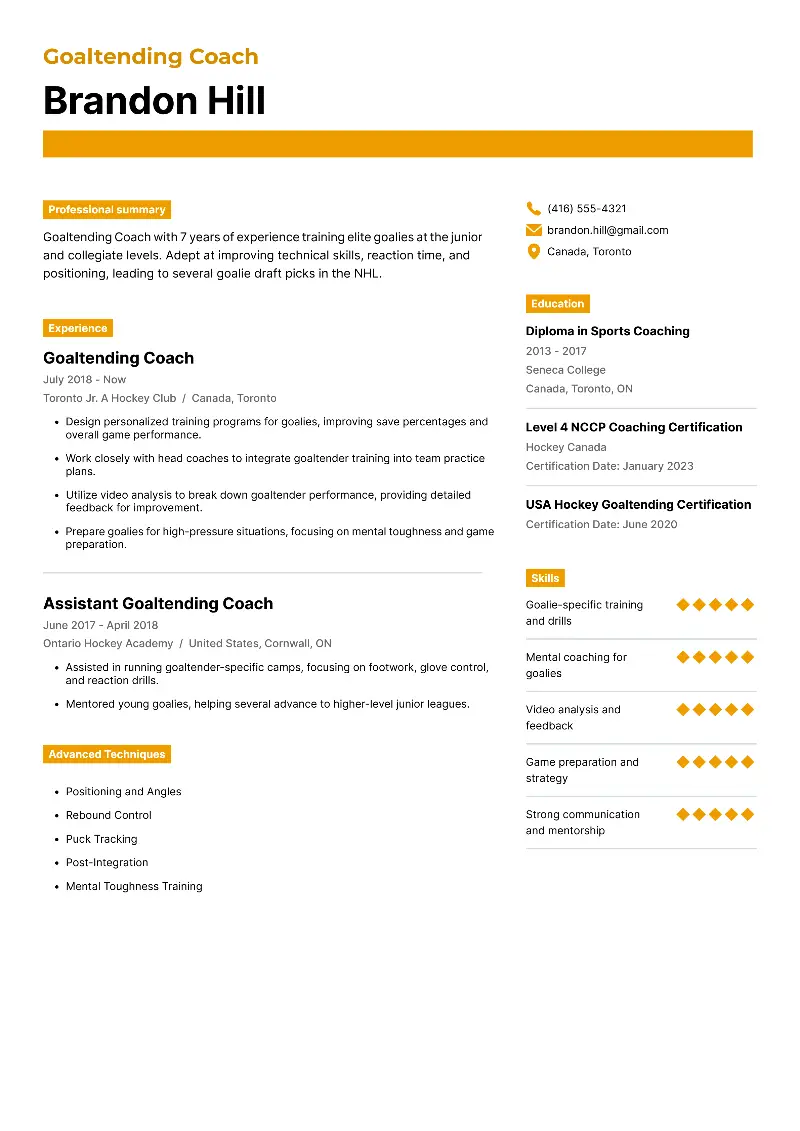 Goaltending Coach  Resume