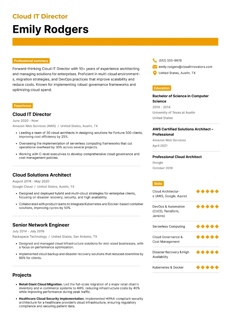 Cloud IT Director Resume