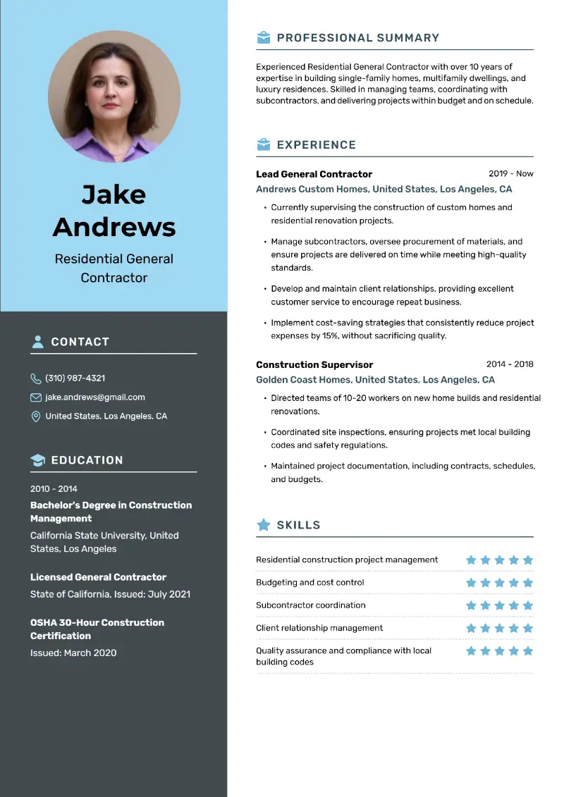 Best General Contractor Resume Examples and Templates