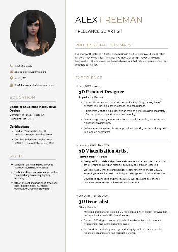 Freelance 3D Artist Resume
