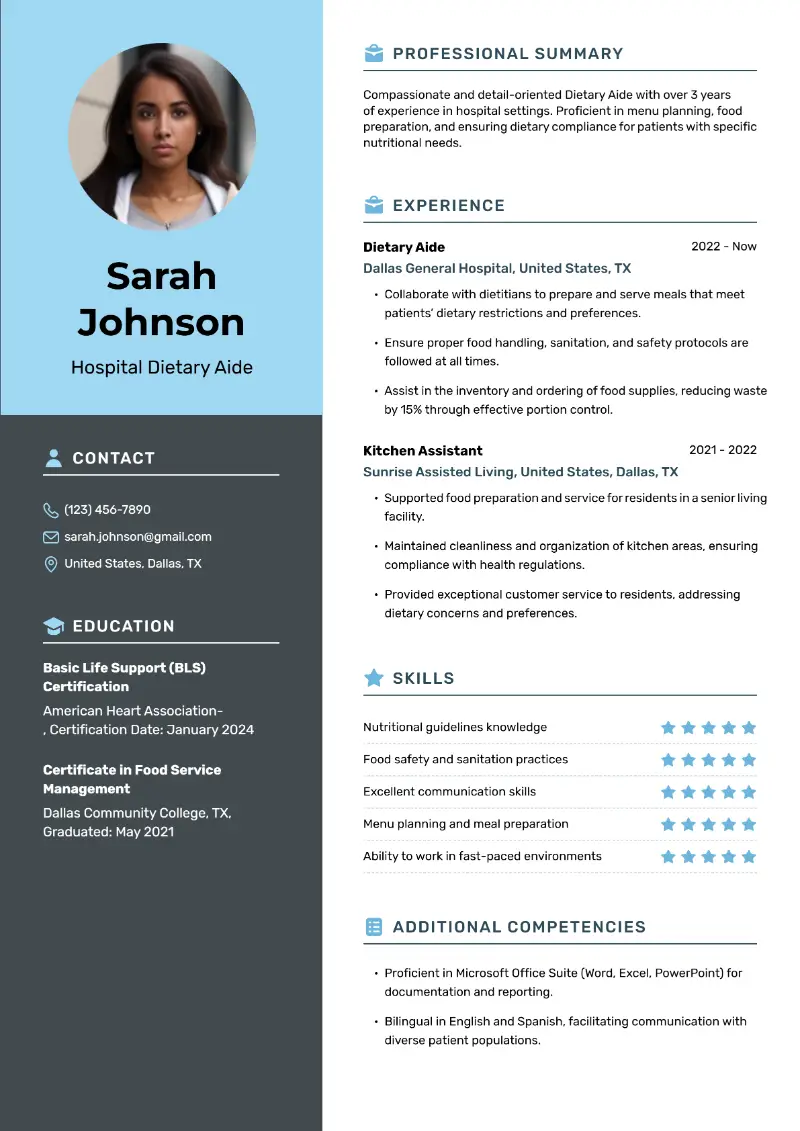 4 Dietary Aide Resume Examples and Templates for 2024