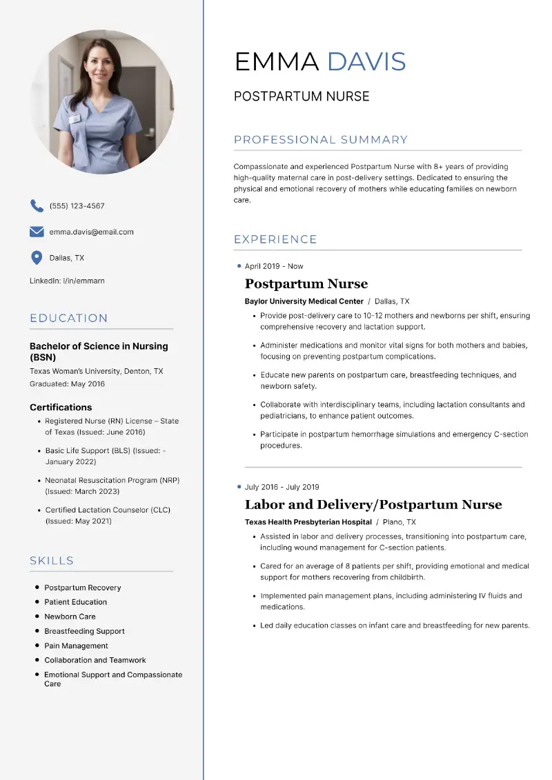 Postpartum Nurse Resume: Examples, Key Skills, and Tips