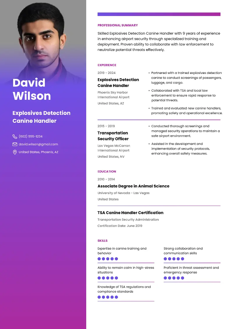 Explosives Detection Canine Handler Resume