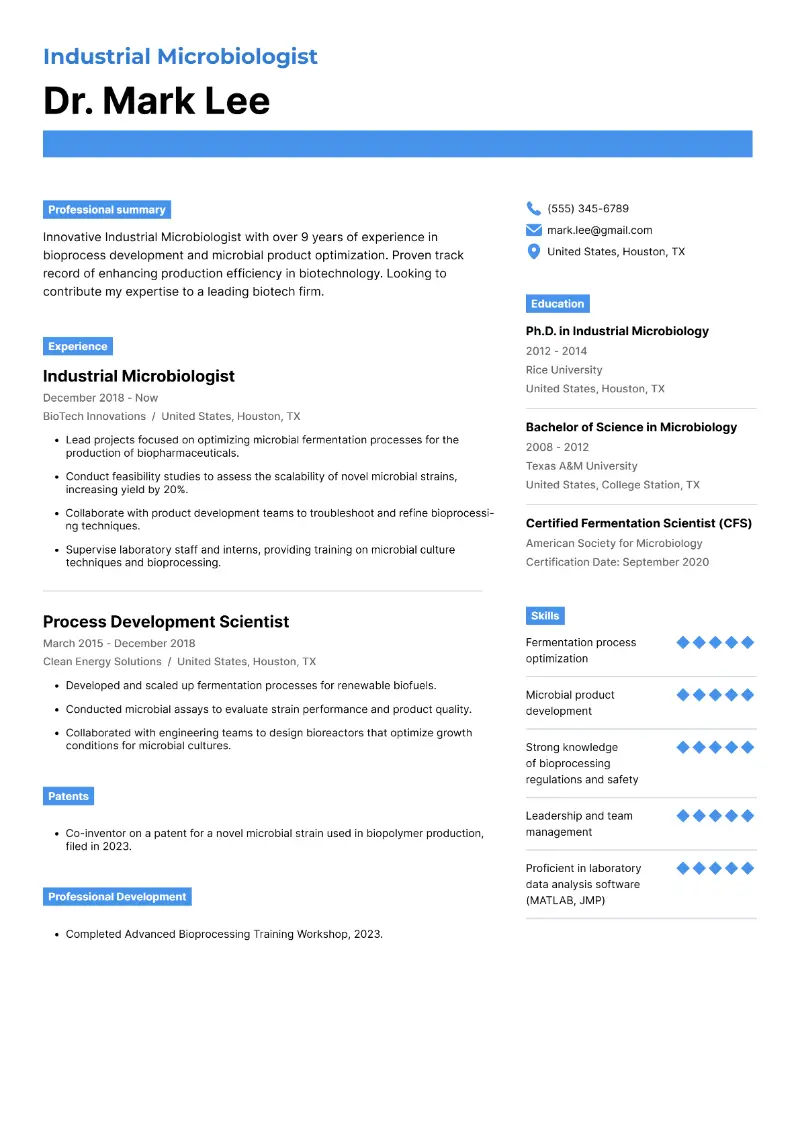 Industrial Microbiologist Resume