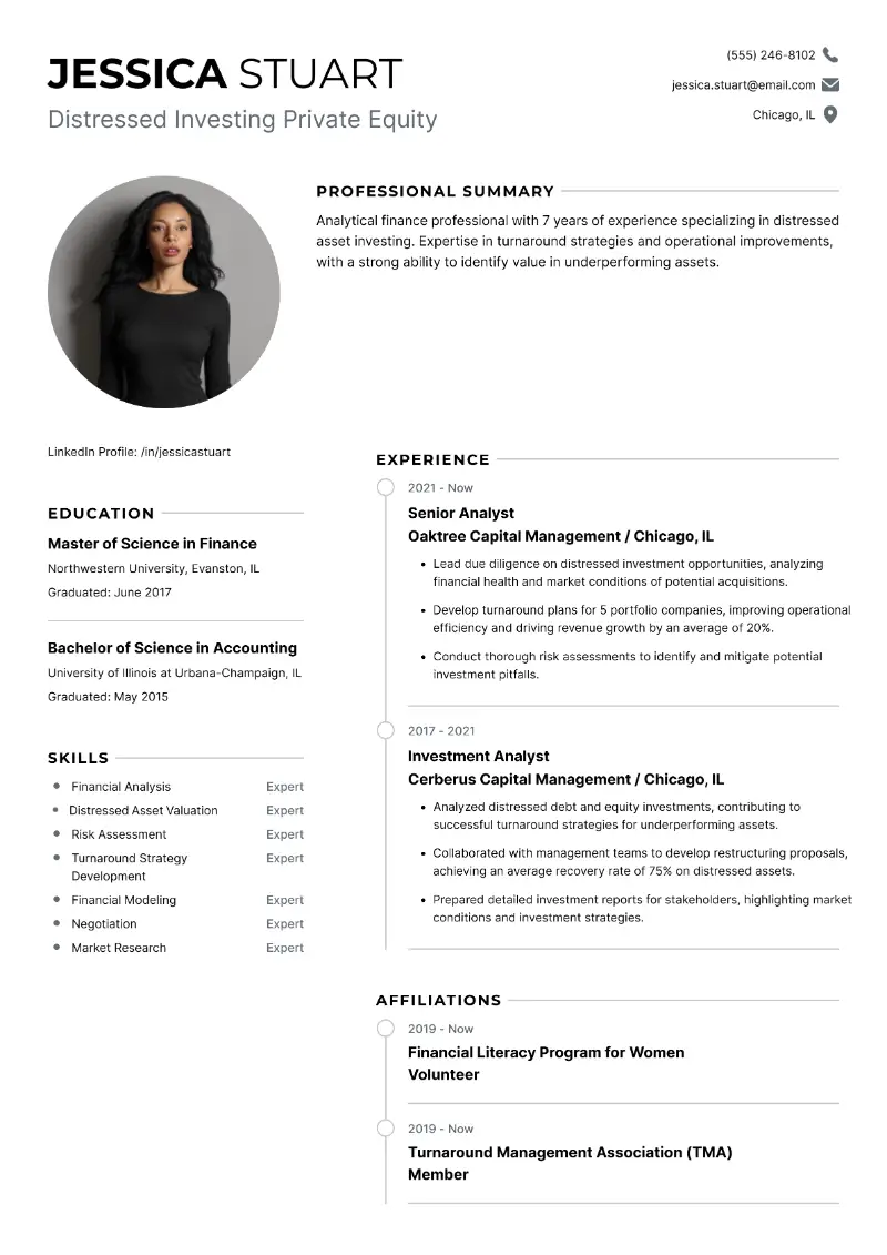Distressed Investing Private Equity Resume