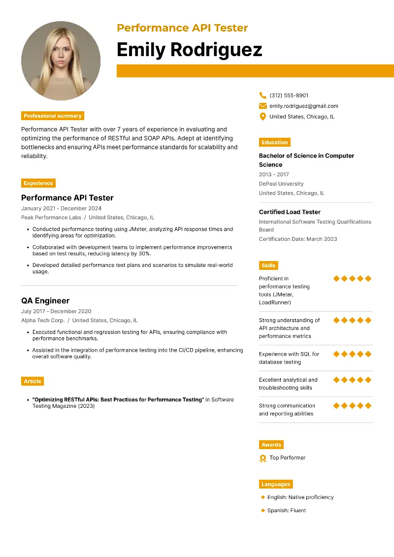 Performance API Tester Resume Performance API Tester Resume