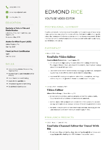 YouTube Video Editor Resume