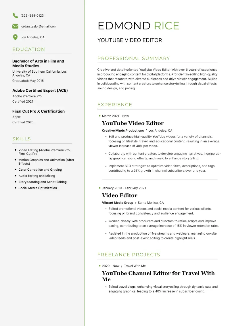 YouTube Video Editor Resume YouTube Video Editor Resume