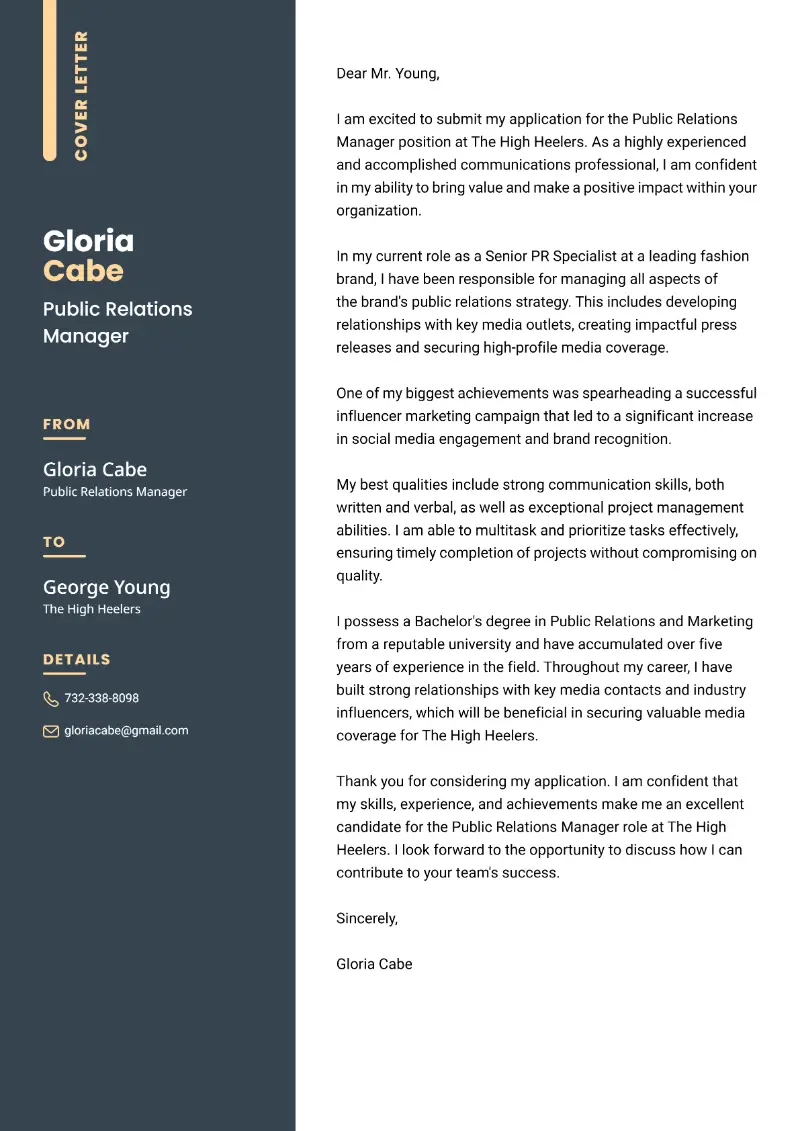 Public Relations Manager Cover Letter Public Relations Manager Cover Letter