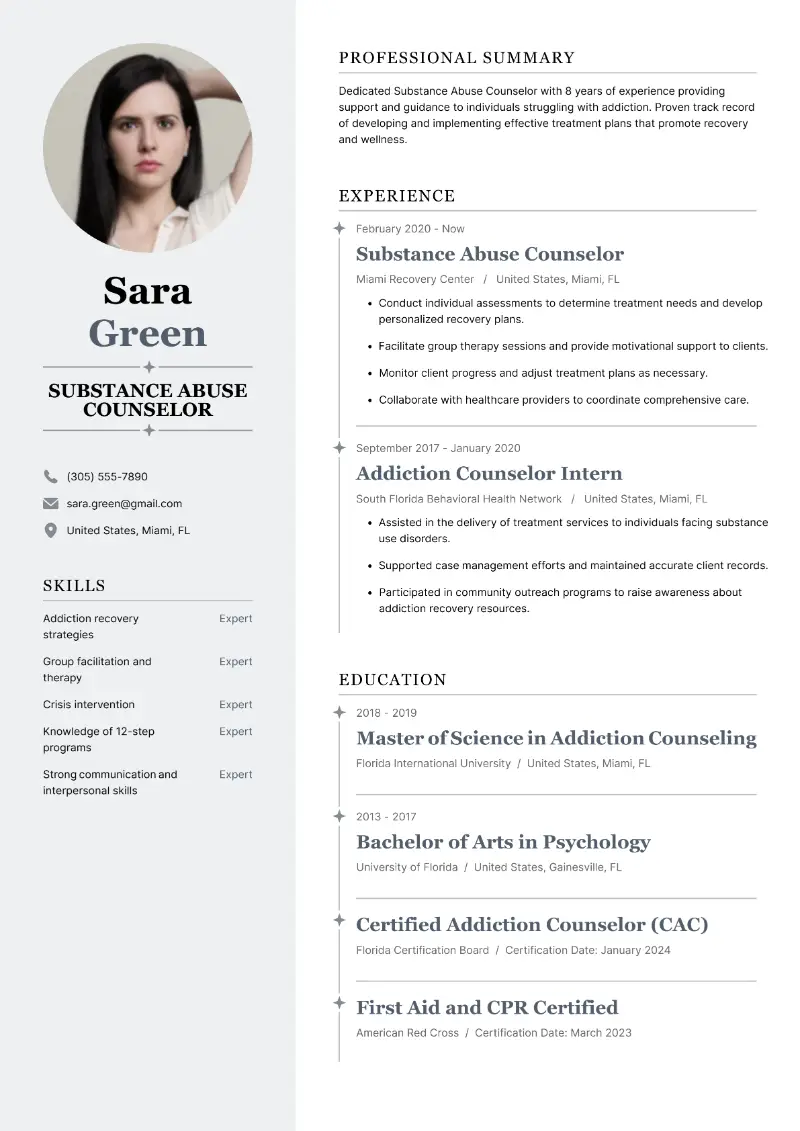 Substance Abuse Counselor Resume