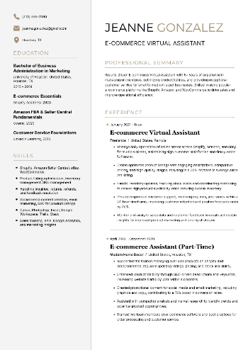 E-commerce Virtual Assistant Resume E-commerce Virtual Assistant Resume