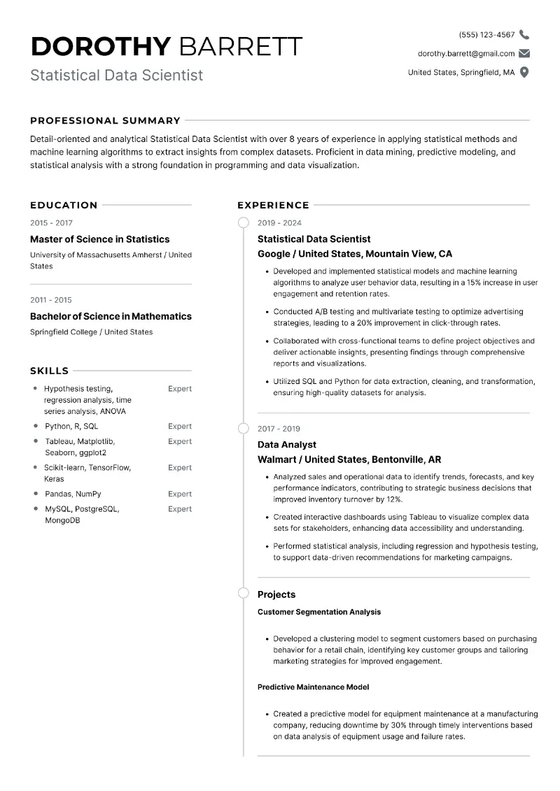 Statistical Data Scientist Resume Statistical Data Scientist Resume