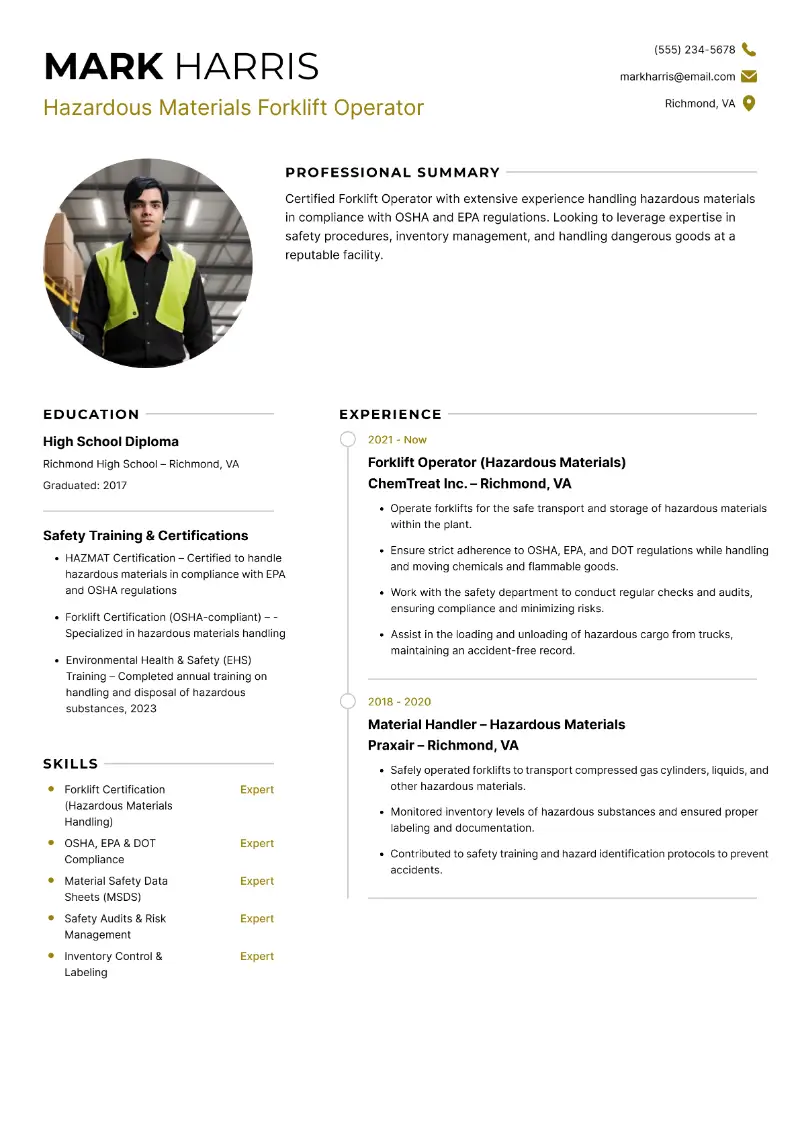 Hazardous Materials Forklift Operator Resume Hazardous Materials Forklift Operator Resume