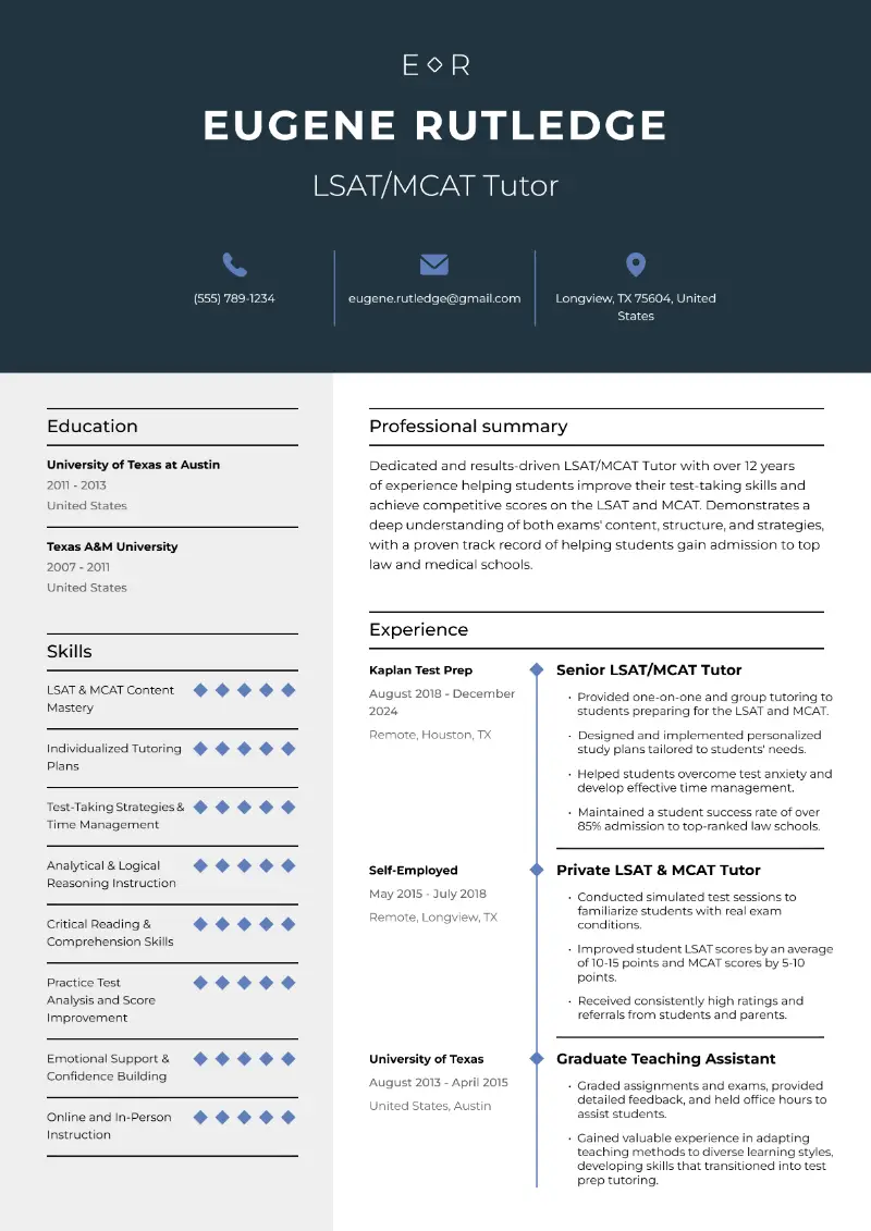 LSAT/MCAT Tutor Resume LSAT/MCAT Tutor Resume