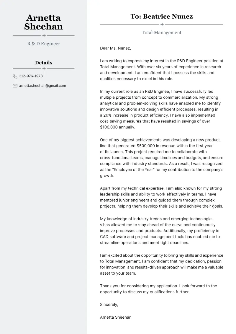 R & D Engineer Cover Letter R & D Engineer Cover Letter