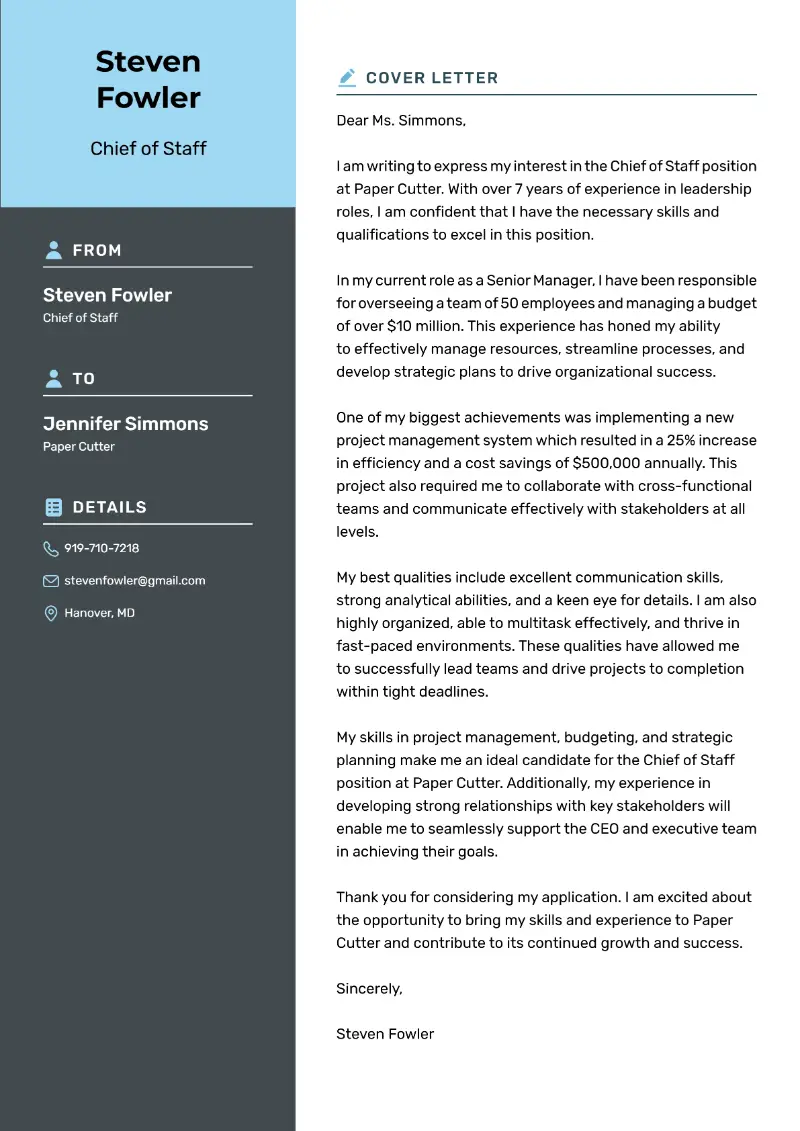 Chief of Staff Cover Letter