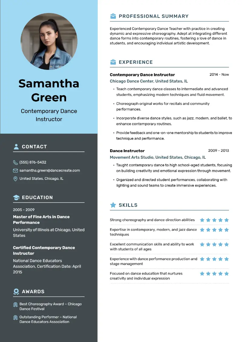 Contemporary Dance Instructor  Resume
