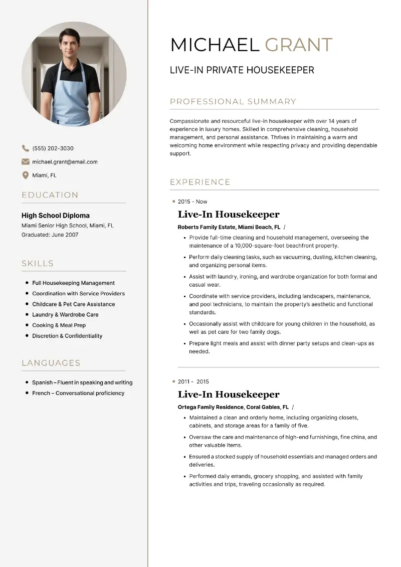 Live-In Private Housekeeper Resume Live-In Private Housekeeper Resume