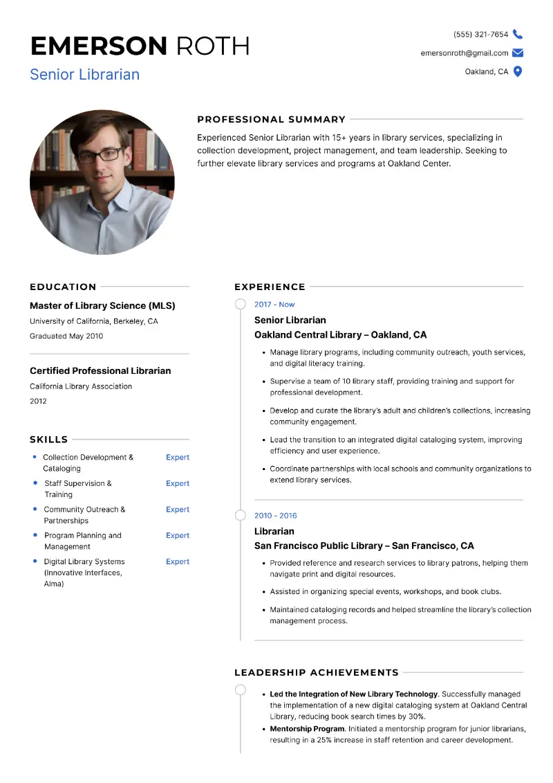Senior Librarian Resume