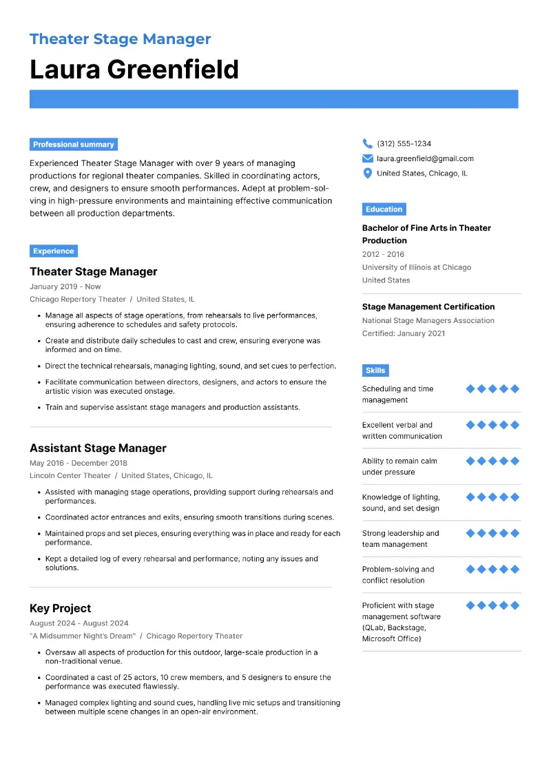 Stage Manager Resume Examples & Templates for 2025