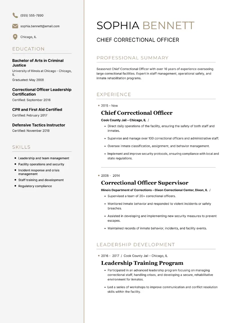 Chief Correctional Officer Resume