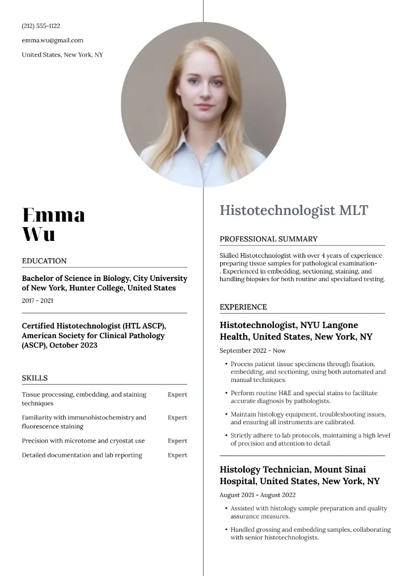 Histotechnologist MLT Resume Histotechnologist MLT Resume