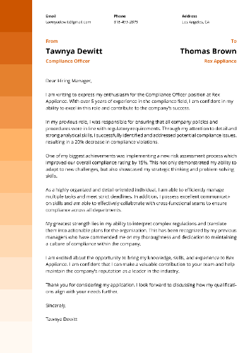 Compliance Officer Cover Letter Compliance Officer Cover Letter