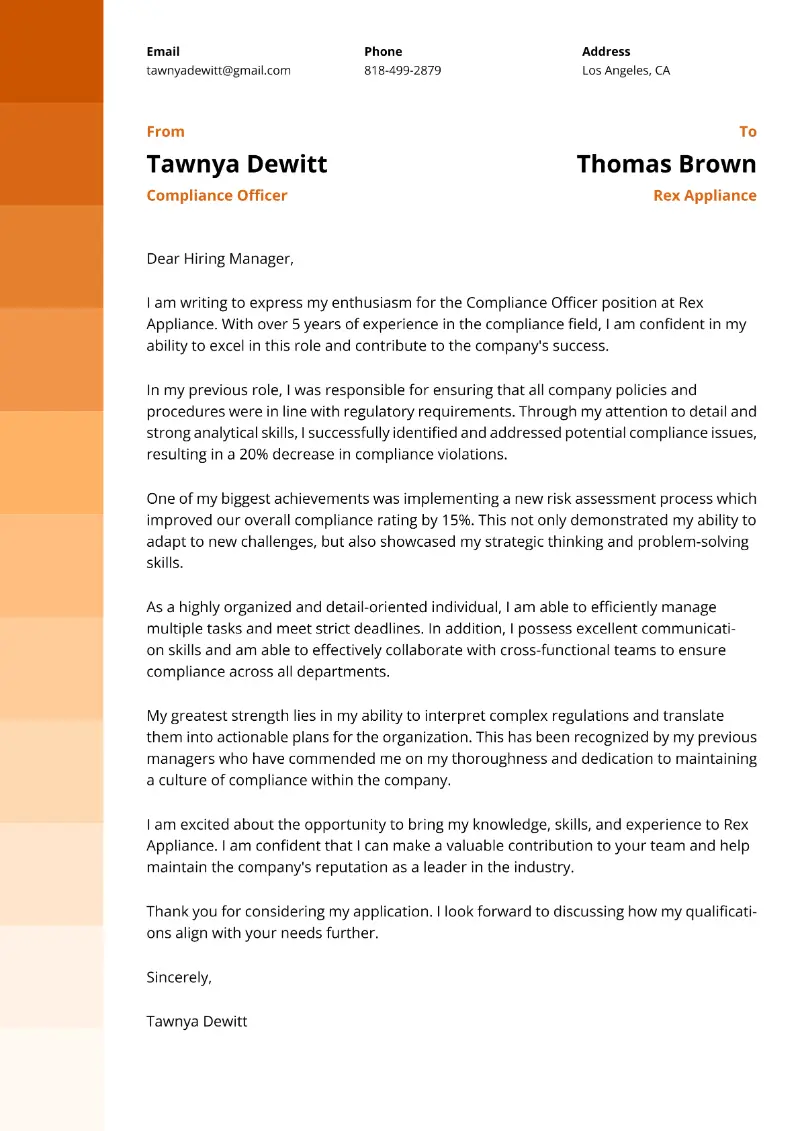 Compliance Officer Cover Letter Compliance Officer Cover Letter