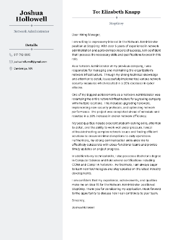 Network Administrator Cover Letter Sample