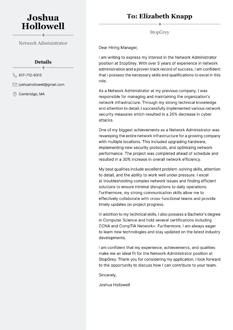 Network Administrator Cover Letter Network Administrator Cover Letter