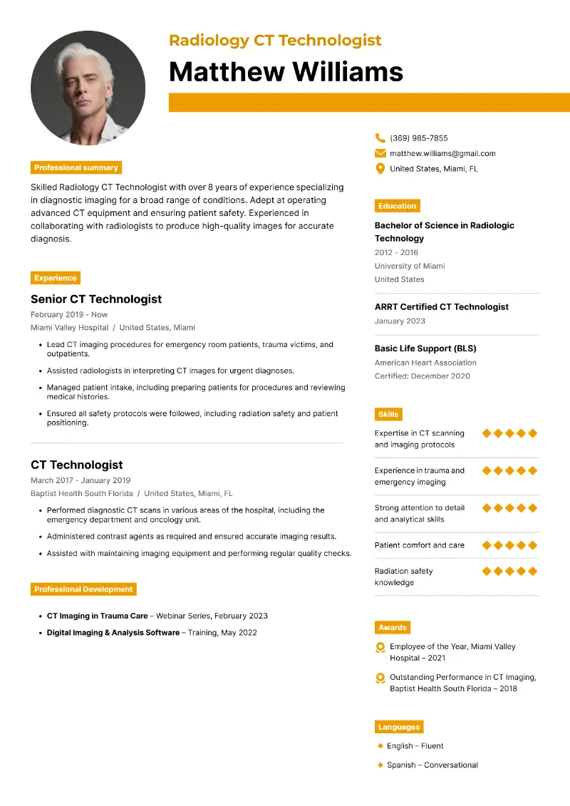 Radiology CT Technologist Resume