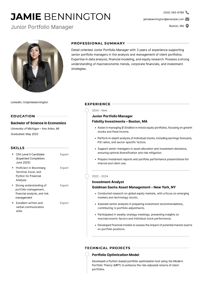 Junior Portfolio Manager Resume Junior Portfolio Manager Resume