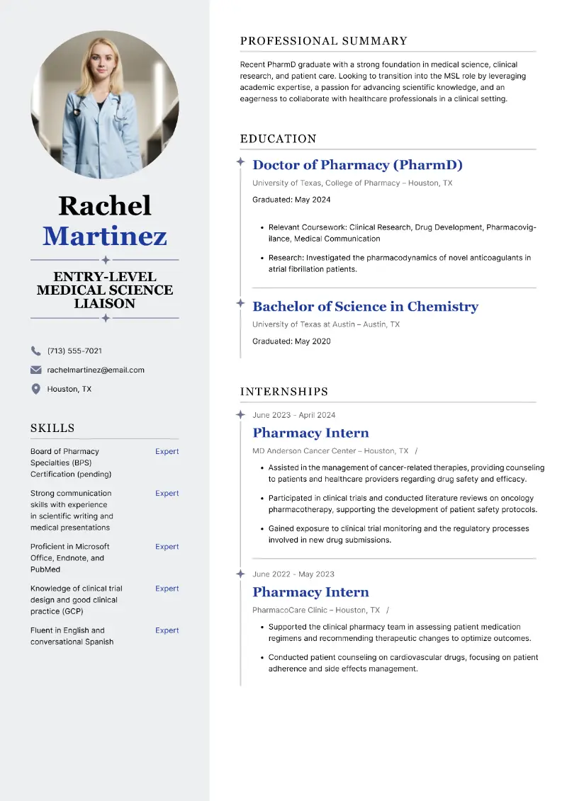 Entry-Level Medical Science Liaison Resume