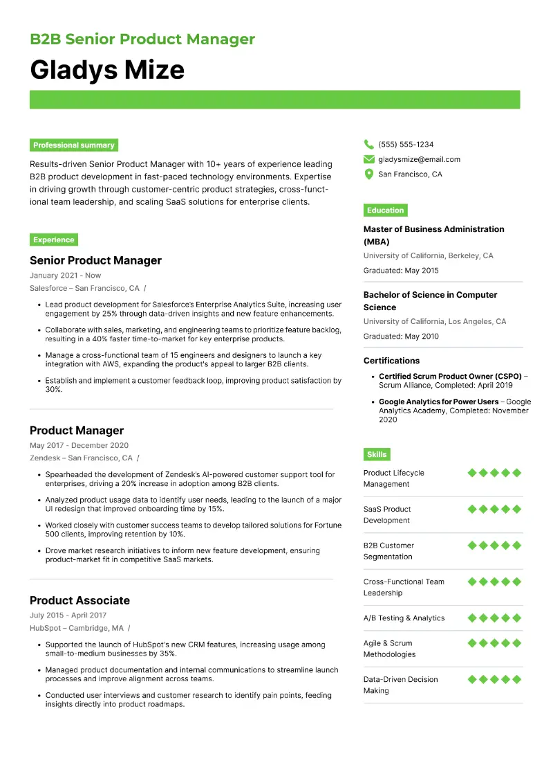 Senior Product Manager Resume Examples for 2025