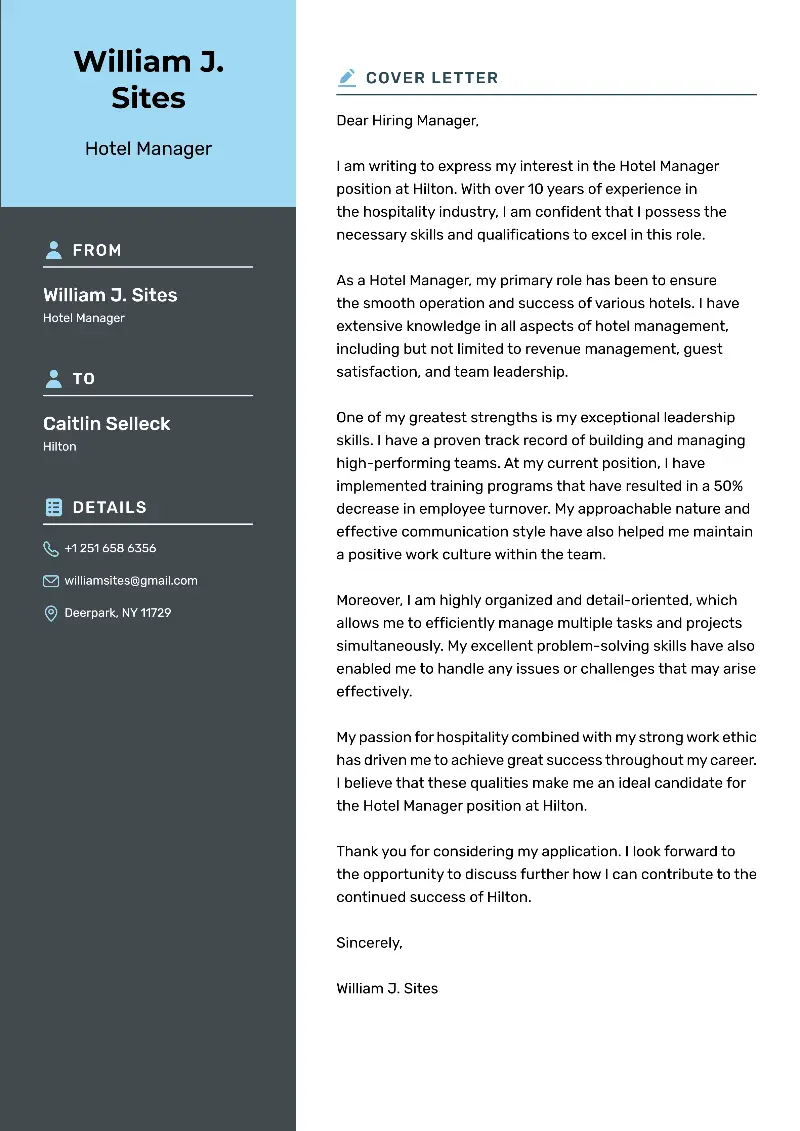 Hotel Manager  Cover Letter Hotel Manager  Cover Letter
