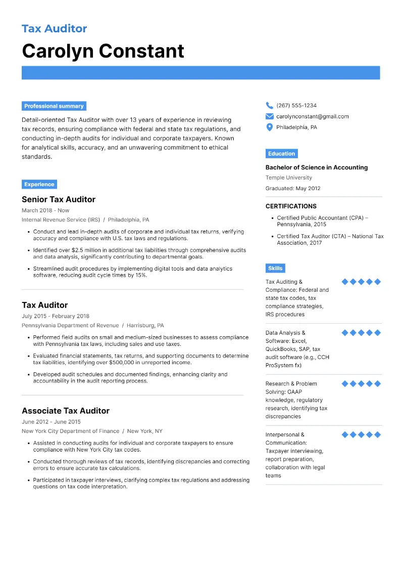 Tax Auditor Resume Tax Auditor Resume