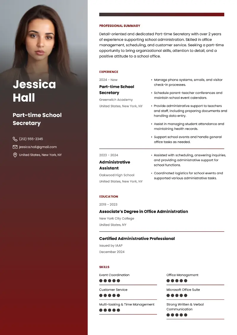 Part-time School Secretary Resume Part-time School Secretary Resume